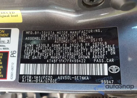 2015 Toyota Camry Le z USA, uszkodzony, nr VIN 4T4BF1FK7FR499422